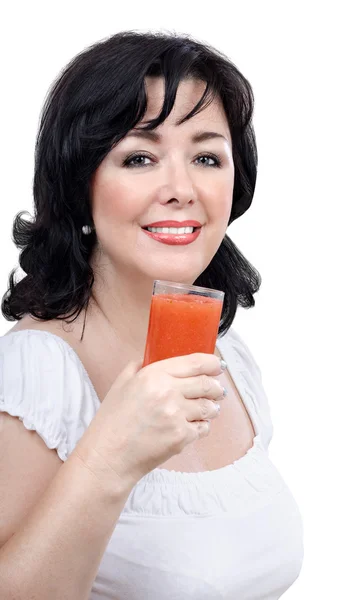 Cheerful woman with glass of detox smoothie — Stock fotografie