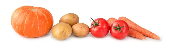 Auf Weißem Hintergrund Liegen Kürbis Kartoffeln Tomaten Und Möhren Nebeneinander — Stockfoto