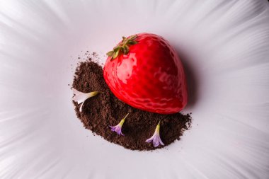 Büyük beyaz bir tabakta çikolatalı ve menekşeli kırmızı çilekli pasta..