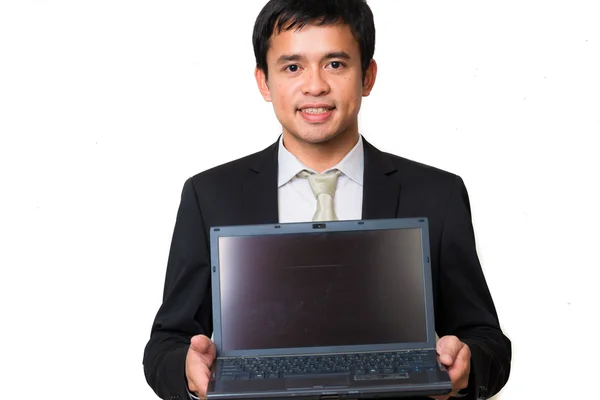 Jovem Homem Bonito Segurar Laptop Terno Preto Sorrindo Isolado Fundo — Fotografia de Stock