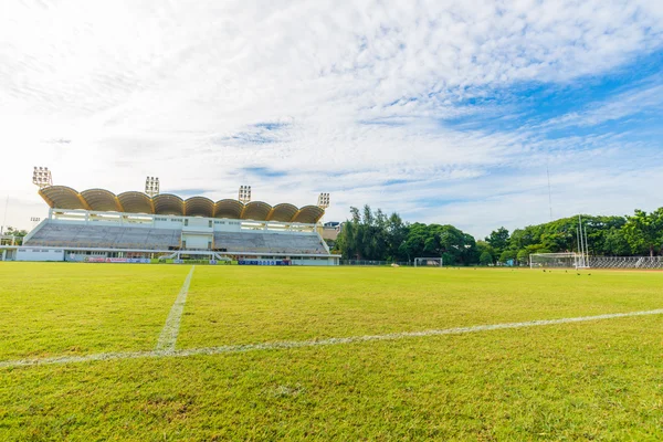 Estadio Campo Fútbol Vacío Con Lámparas Césped Verde —  Fotos de Stock