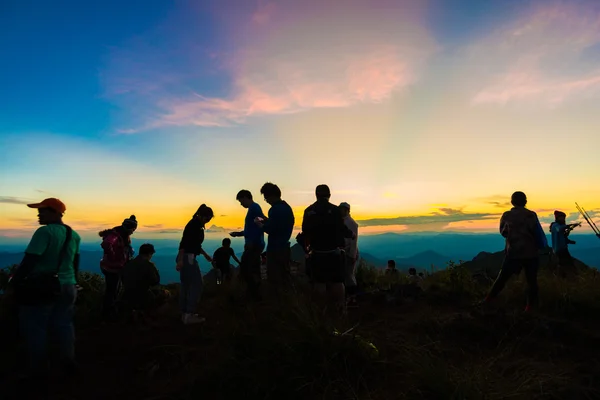 Group Tourist Enjoying Takes Pictures Top Mountain Natural Landscape — Stock Photo, Image