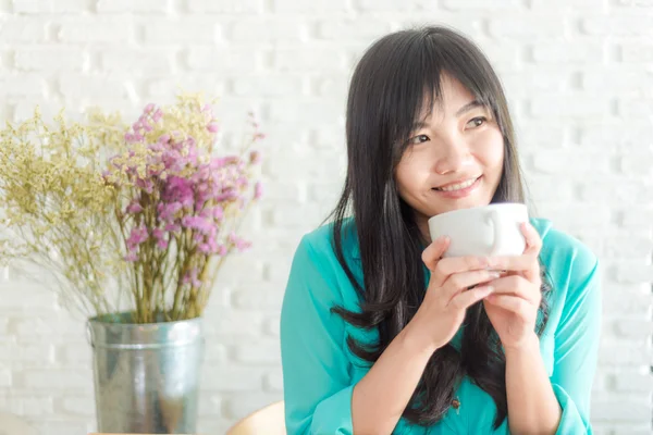 Asian Woman Drinking Coffee Morning White Art Background — Stock Photo, Image
