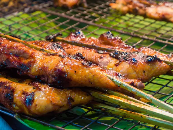 Chicken Breast Grilled Skewer Bamboo Traditional Market Thailand — Stock Photo, Image