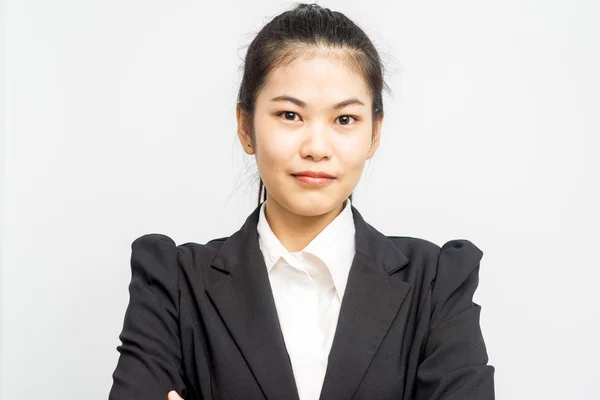 Business Asiatisk Kvinna Stående Svart Kostym Vit Bakgrund — Stockfoto