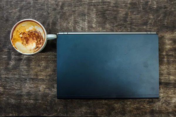 Workspace Wood Table Latte Art Coffee Laptop View — Stock Photo, Image