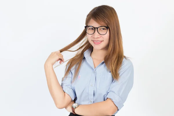 Beautiful Asian Woman Wear Glasses Office Life Uniform White Background — Stock Photo, Image