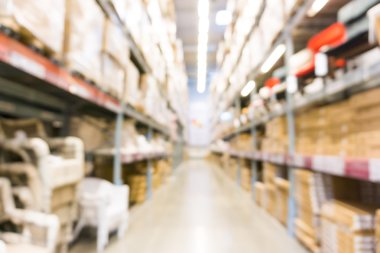 Mobilya Mağaza Endüstriyel depo satır, kutusu bulanık ambar ufuk arka plan