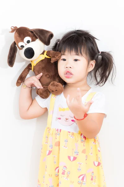 Pretty Smiling Girl Playing Lovely Dog Doll White Background — Stock Photo, Image