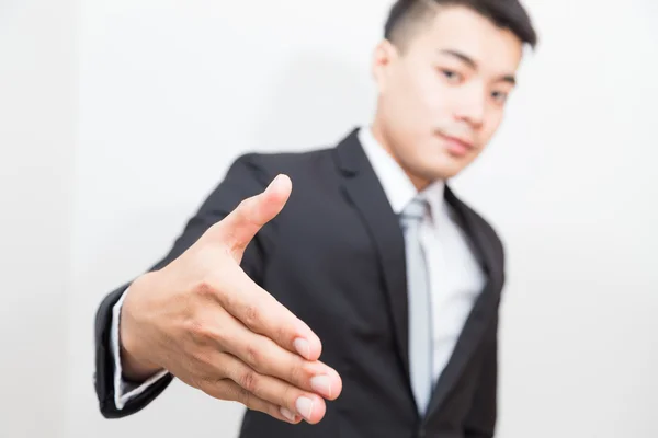 Businessman Hand Sending Shake Sign Black Suit White Background — Stock Photo, Image