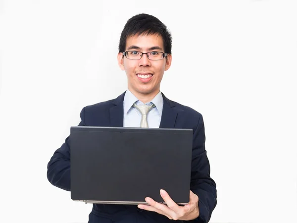 Asiático hombre de negocios usar gafas en profesional traje con un lapt —  Fotos de Stock