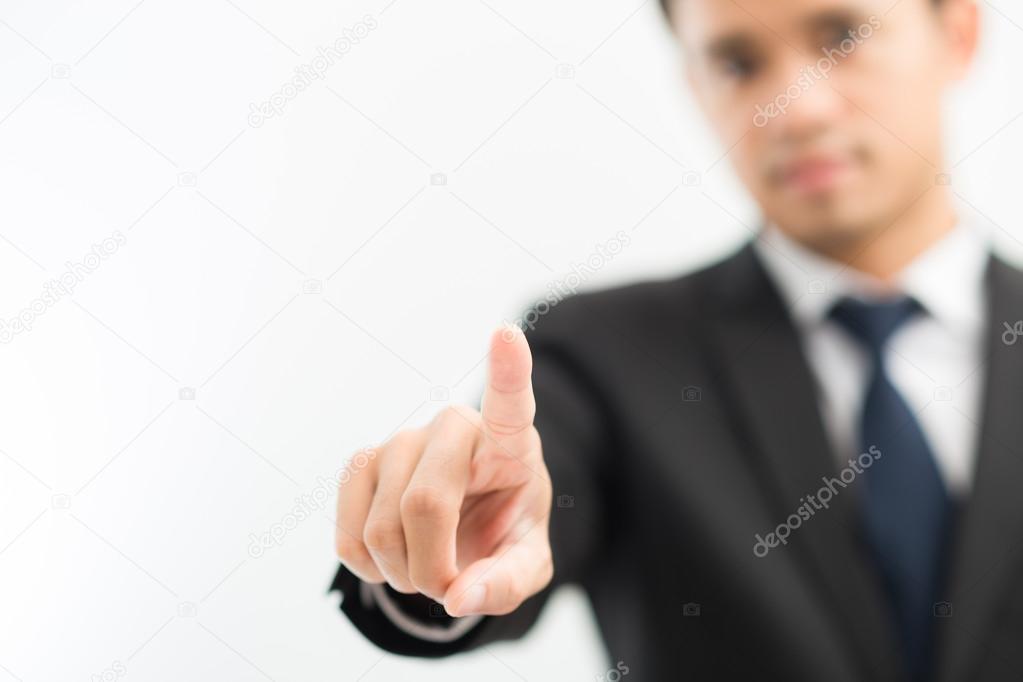 Business asian man in suit show finger hand 