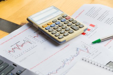 Dizüstü bilgisayar hesap makinesi ve kağıt ile proje üzerinde çalışan iş