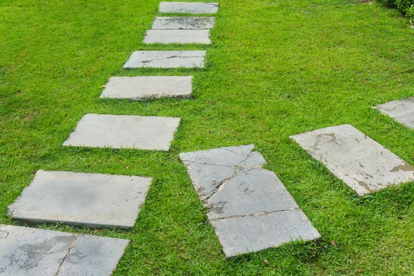 Outdoor marble pathway through green lawn — Stock Photo, Image