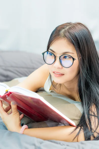 Glasses Woman Lying Bed While Reading Book Education Every — Stock Photo, Image