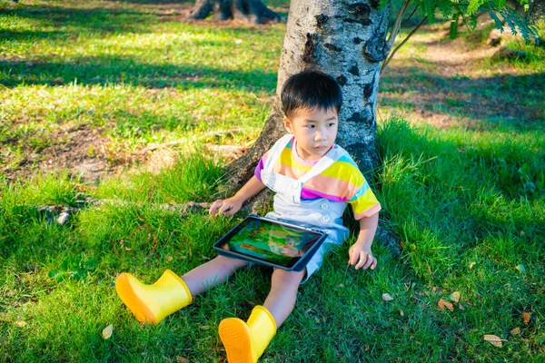 Pequeño Asiático Chico Sentado Verde Hierba Bajo Árbol Uso Tableta — Foto de Stock