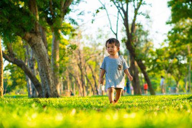 Asyalı çocuk yeşil çimlerde yürüyor. Şehir parkında gün batımını seyrediyor. 1-2 yaşında bir çocuk.