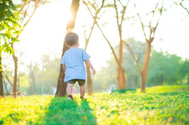 Asyalı çocuk yeşil çimlerde yürüyor. Şehir parkında gün batımını seyrediyor. 1-2 yaşında bir çocuk.