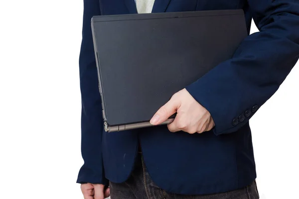 Confident Business Men Hold Laptop Computer White Background Business Technology — Stock Photo, Image