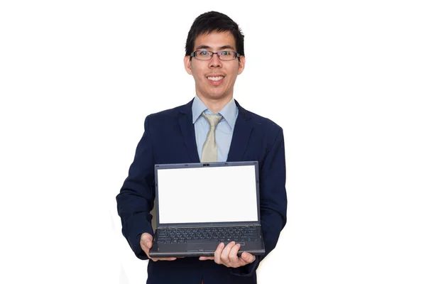 自信のあるビジネスマンは 白い背景にラップトップコンピュータを保持します ビジネス技術 — ストック写真