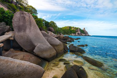 Rocky sahili sahili deniz manzarası sabah sade okyanus, Koh Tao Tayland