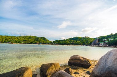 Rocky sahili sahili deniz manzarası sabah sade okyanus, Koh Tao Tayland