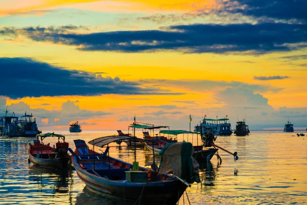 Silhouette Boat Bay Colorful Sky Sunset Nature Landscape — Stock Photo, Image