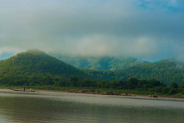 Peaceful Great View Morning Nature Scene Mountain Lake Fog Morning — Stock Photo, Image