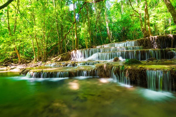 Wodospad Tropikalnym Głębokim Lesie Zielone Drzewo Słoneczne Naturalne Krajobrazy — Zdjęcie stockowe