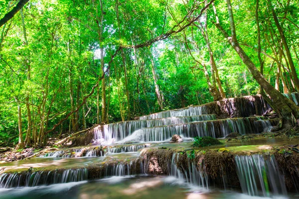 Wasserfall Tropischen Tiefen Wald Grün Baum Sonnenlicht Natürliche Landschaft — Stockfoto