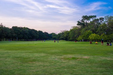 Şehir parkında gün batımı mavi gökyüzü bulutlu yeşil çimen tarlası