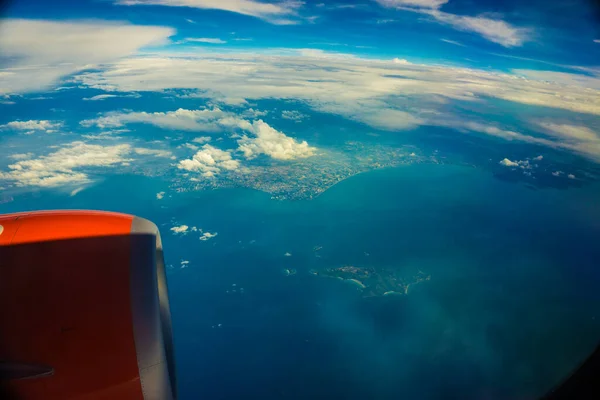 Avião Azul Céu Nuvem Vista Avião Janela Natureza Transporte — Fotografia de Stock