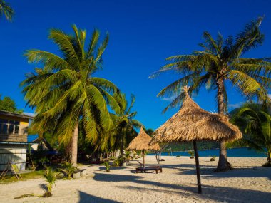 Plaj sandalyeleri beyaz kumsalda hindistan cevizi palmiyesi bulutlu mavi gökyüzü ve güneş