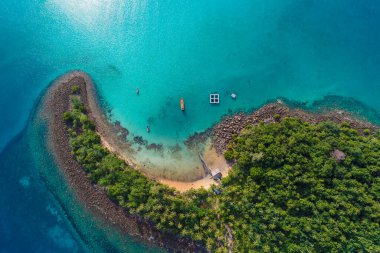 Yeşil palmiye ormanları kıvrımlı tropik ada denizi yaz tatili konsepti.