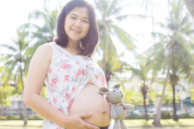 Asyalı genç, mutlu, hamile bir kadın doğa parkında rahatlıyor ve hayatın tadını çıkarıyor.
