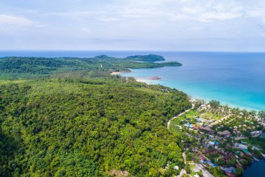 Tatil köyü sahil ve Hindistan cevizi palmiyesi manzaralı yaz tatili konsepti