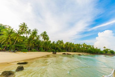 Gökyüzü ve kumsalda hindistan cevizi ağaçları olan beyaz bulutlar. Kum ve deniz, gökyüzünde olmak gibi rahatlatıcı bir duygu..