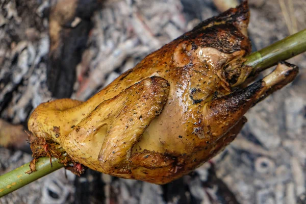 Poulet Grillé Sur Feu Plein Air Camping Local Forêt Avec — Photo