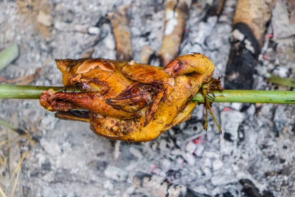 Kyckling Grillad Eld Utomhus Lokal Camping Skog Med Rök — Stockfoto