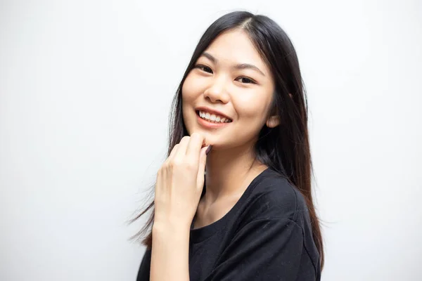 Portrait Asian Woman Teen Girl Beautiful Cheerful Enjoying Long Black — Stock Photo, Image