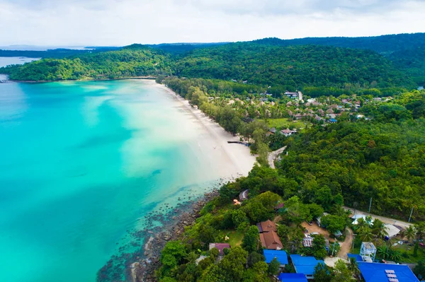 Sea beach with resort resident and coconut palm tree aerial view summer vacation concept