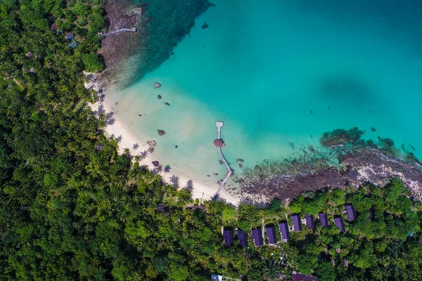 空中ビュー白い砂浜ヤシの木の自然景観とターコイズブルーの水夏休み — ストック写真