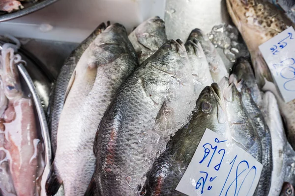 Frische Meeresfrüchte Verkaufen Marktgruppe Von Fischkalmar Krabben Und Garnelen Hintergrund — Stockfoto