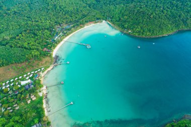 Hindistan cevizi palmiyesi yaz tatili konsepti olan deniz manzaralı beyaz kumsal.
