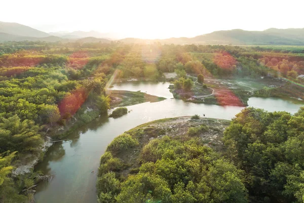 Aerial View Mountain Forest River Sunny Day Nature Landscape — Stock Photo, Image