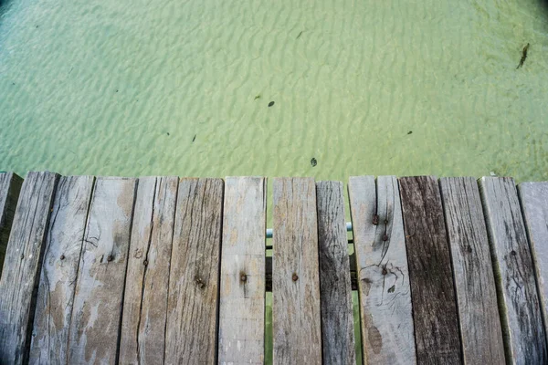 Empty Brown Wooden Platform Tropical Sea Beach Summer Travel — Stock Photo, Image