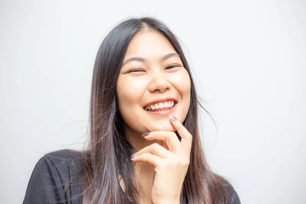 Young Beautiful Asian Female Posing Black Shirt White Background — Stock Photo, Image