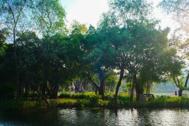 Ağaç Ormanı Şehir Parkı 'yla Prak Gölü sabah güneşi