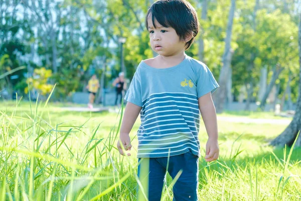 Doğada, parktaki yeşil çimlerde yürüyen sevimli Asyalı çocuk.