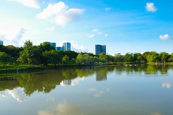 Kamu parkındaki güzel gölet, mavi gökyüzüne karşı.